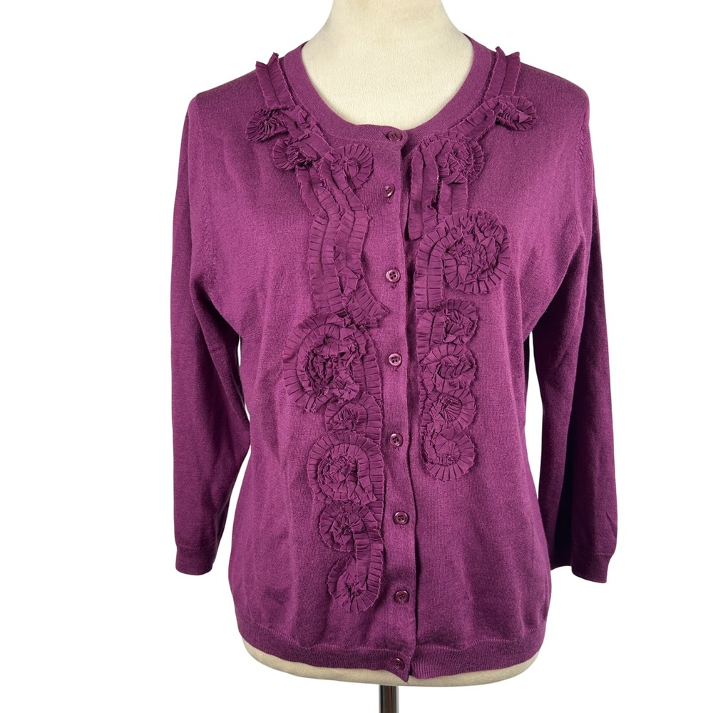 Garnet Hill Silk Merino Wool Cashmere Ruffle Cardigan Boho Women Medium Purple